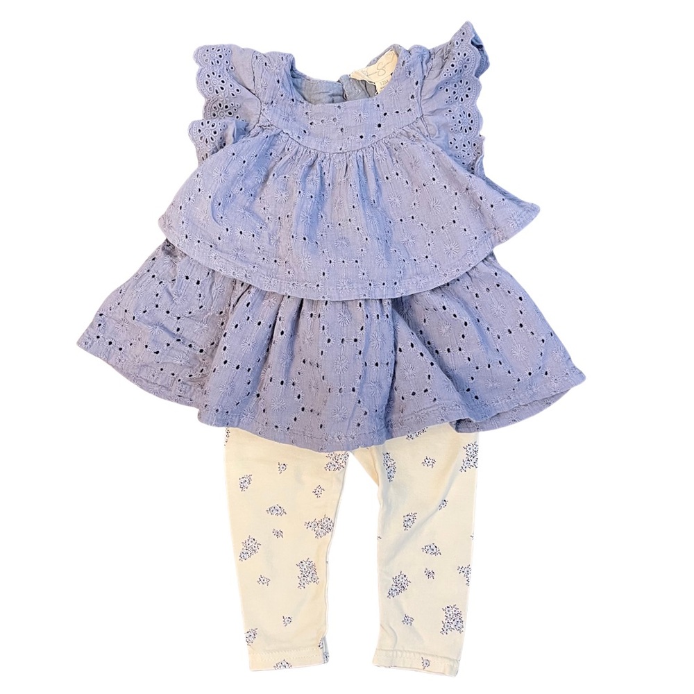 Jessica Simpson Blue Eyelet Tier Ruffle Dress with Cream Floral Leggings 12 M